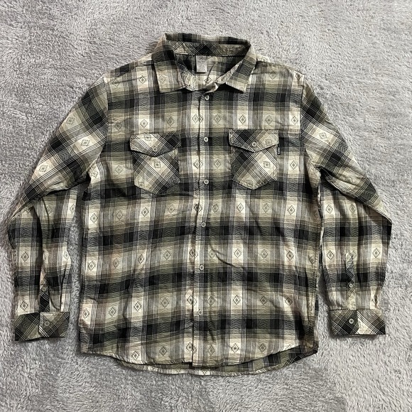 Hurley Mens Flannel‎ Button Up Shirt Large  Long Sleeve Classic Fit Plaid Brown - Picture 1 of 8